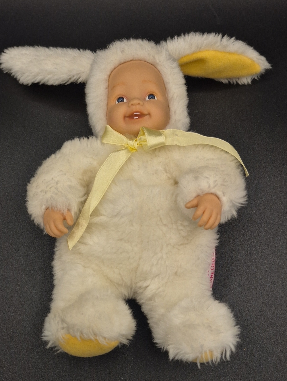 Vintage Plush Bunny Baby Doll in Cream with Yellow Accents